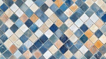A tile floor with a checkered pattern of blue, white, and orange tiles. photo