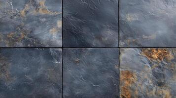 A black and brown tile with a rustic look. The tiles are square and are laid out in a row. photo