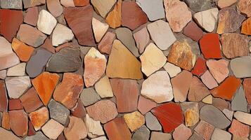 A wall made of various colored stones, including brown, red, and yellow. The stones are arranged in a way that creates a visually interesting and textured surface. photo