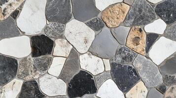 A stone wall with a variety of different colored stones. The wall is made up of many different sized stones. photo