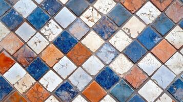 A tile floor with a checkered pattern of blue, white, and orange tiles. photo