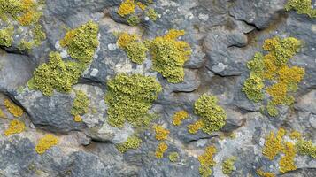 A rock covered in green and yellow moss. The moss is growing on the rock and is covering it. photo
