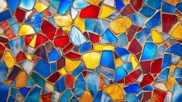 A colorful mosaic made of glass pieces. The colors are blue, red, and yellow. The mosaic is made up of many small pieces. photo