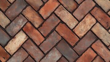 A brick wall with a zigzag pattern. The bricks are brown and the pattern is very intricate. photo