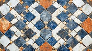 A tile floor with a checkered pattern of blue, white, and orange tiles. photo