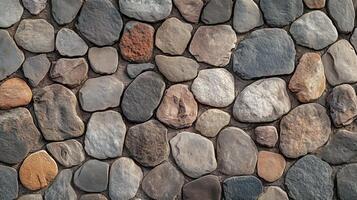 A wall made of large rocks with a brown and gray color. The wall is made of many different sized rocks. photo