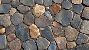 A wall made of large rocks with a brown and gray color. The wall is made of many different sized rocks. photo