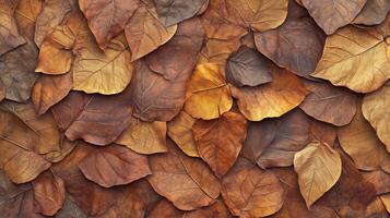 A close up of a pile of brown leaves. The leaves are scattered and overlapping. photo