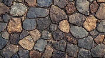 A wall made of large rocks with a brown and gray color. The wall is made of many different sized rocks. photo