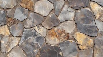 A wall made of stone and gray and brown stones. The wall is made of many different sized stones. photo