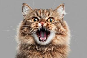 Portrait of a long haired cat yelling with wide open mouth photo