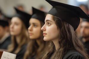 Group of students listening to someone speaking at graduation ceremony photo