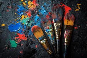 Paintbrushes lying on a black canvas covered in colorful paint photo