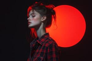 Fashion model posing with red light and red lipstick in studio photo