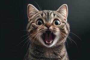 Surprised tabby cat opening mouth wide on black background photo