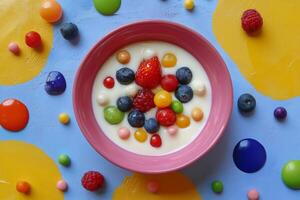 Bowl of yogurt with fruits and candies on a colorful painted background photo