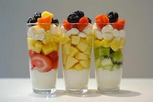 Three glasses of yogurt with fresh fruit are waiting on a white table photo