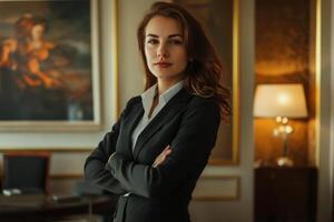 Businesswoman standing with crossed arms in luxurious hotel room photo