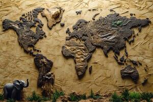 World map made of wood hanging on a wall with an elephant figurine photo