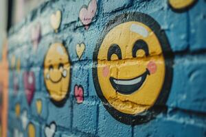 Yellow smiley face graffiti smiling on blue brick wall photo
