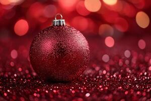Red christmas ornament sparkling on red glitter background photo