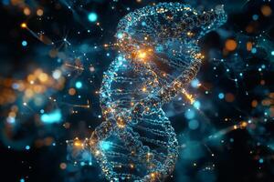 Glowing blue and gold dna molecule is rotating on a dark background photo
