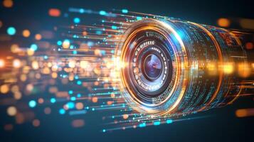 Digital camera lens sending data through fiber optics photo