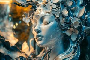 Porcelain woman sculpture with flowers wearing fantasy dress photo