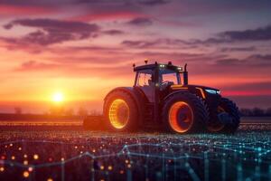 Autonomous futuristic tractor farming on a field at sunset enhancing productivity in agriculture photo
