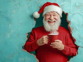 Cheerful santa claus is holding a hot beverage and smiling at christmas time photo