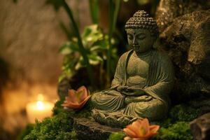 Buddha statue meditating in a zen garden with a lit candle photo