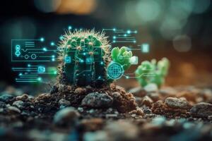 Cactus growing with digital icons symbolizing technological growth photo