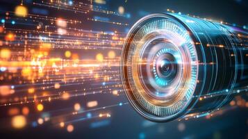Digital camera lens capturing data stream, information technology concept photo