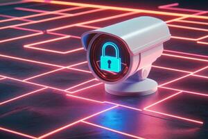 Security camera showing lock icon protecting network with red laser grid photo