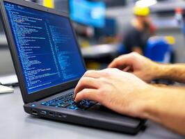 Software developer writing code on laptop keyboard in office photo