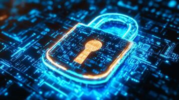 Glowing padlock on circuit board symbolizing computer security photo