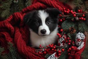 Border collie puppy relaxing in red knitted blanket with christmas decorations photo