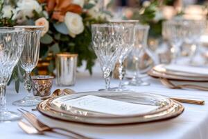 Elegant table setting with crystal glasses and golden cutlery for a thanksgiving celebration photo