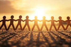 Paper chain people holding hands at sunset photo