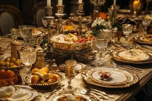 Luxury festive dinner table setting with traditional food serving dishes photo