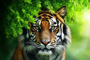 Bengal tiger hiding in jungle looking directly at viewer photo