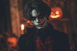 Young man wearing scary halloween makeup posing in a haunted house photo