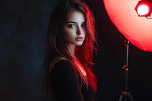 Fashion model posing under red light in studio photo