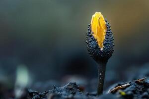 Yellow flower sprouting and growing from burnt ground photo