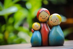 Happy family of colorful statuettes smiling on wooden surface photo