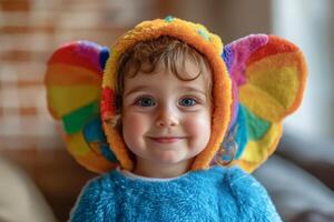 Adorable toddler smiling wearing colorful elephant costume photo
