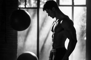 Handsome bodybuilder posing and showing his physique in gym photo
