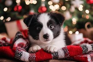 Border collie puppy relaxing under christmas tree photo