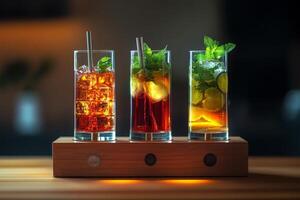 Three colorful cocktails standing on wooden desk are waiting for bartender photo