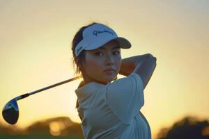 Young female golfer taking a swing at sunset photo